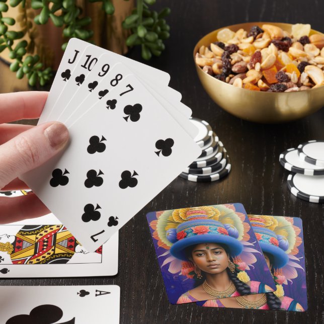 Asian princess with big blue hat poker cards (In Situ)