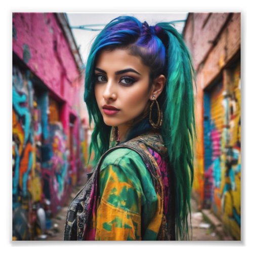 Asian Punk Girl with Multi Color Hair and Jacket Photo Print