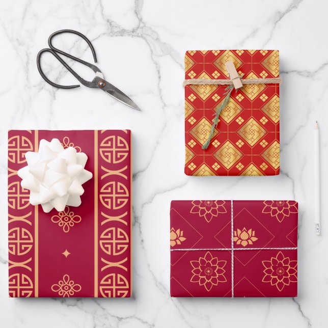 Asian Red And Gold  Wrapping Paper Sheets (Front)