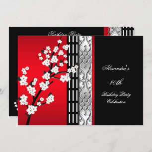 Asian Red Black Blossoms Birthday Party 2 Invitation