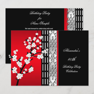 Asian Red Black Blossoms Birthday Party 2 Invitation