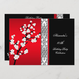 Asian Red Black Floral White Birthday Party Invitation