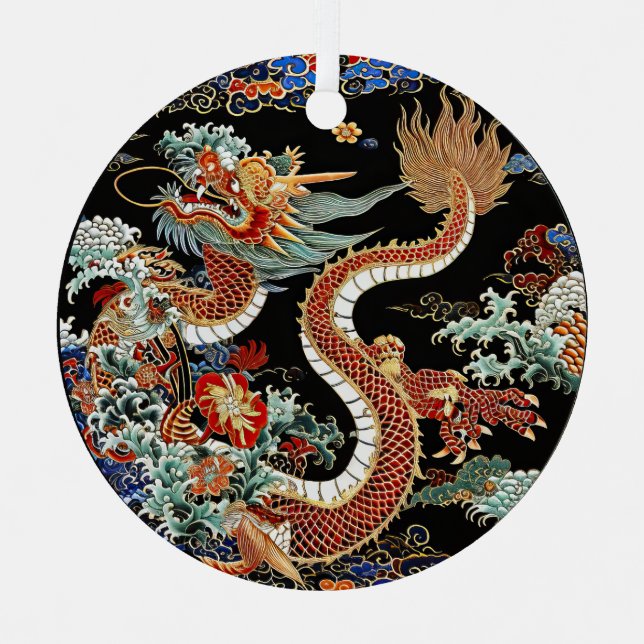  Asian Red Dragon and Waves Metal Ornament (Front)