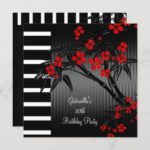 Asian Red Floral Black White Bamboo 30th Birthday Invitation