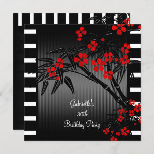 Asian Red Floral Black White Bamboo 30th Birthday Invitation