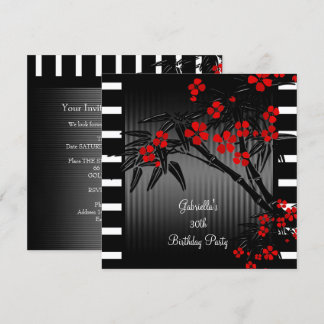 Asian Red Floral Black White Bamboo 30th Birthday Invitation