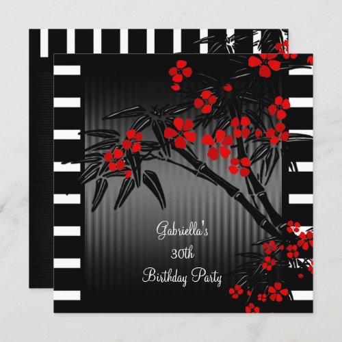 Asian Red Floral Black White Bamboo 30th Birthday Invitation