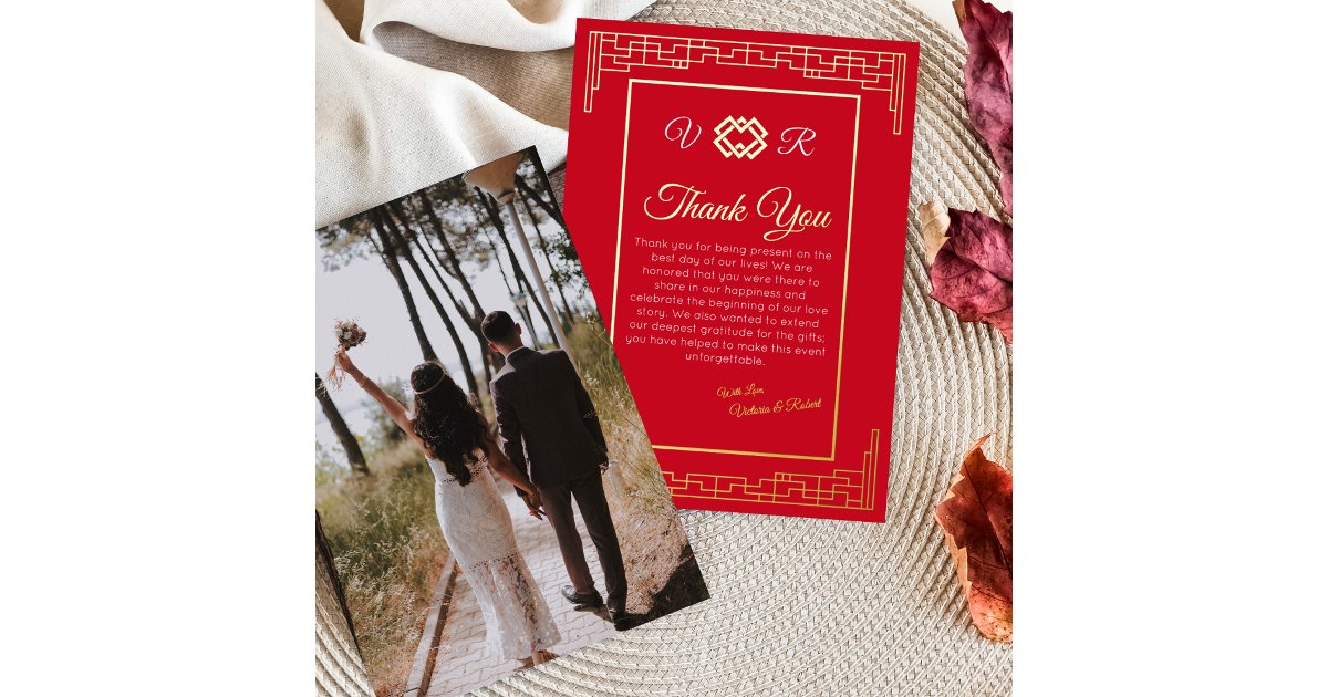 Asian Red Gold Foil Photo Wedding Thank You Card | Zazzle