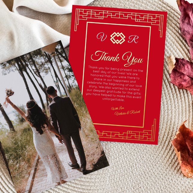 Asian Red Gold Foil Photo Wedding Thank You Card (Creator Uploaded)