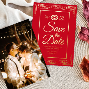 Asian Red Gold Foil Wedding Save the Date Photo Invitation
