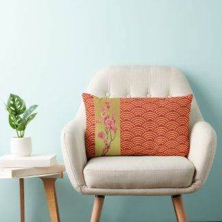 Asian Red Gold Waves with Cherry Blossoms Accent Lumbar Pillow