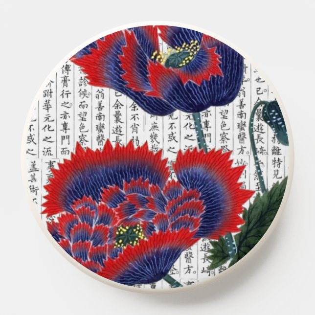 Asian Red Poppies on Kanji Background PopSocket (Popsocket)