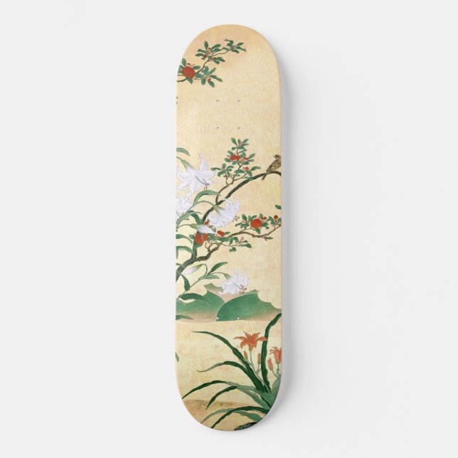Asian Red Roses White Lilies Bird Skateboard Deck (Front)