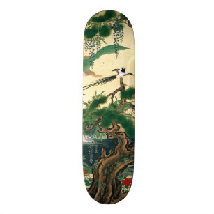 Asian Red Roses Wisteria Floral Bird Skateboard