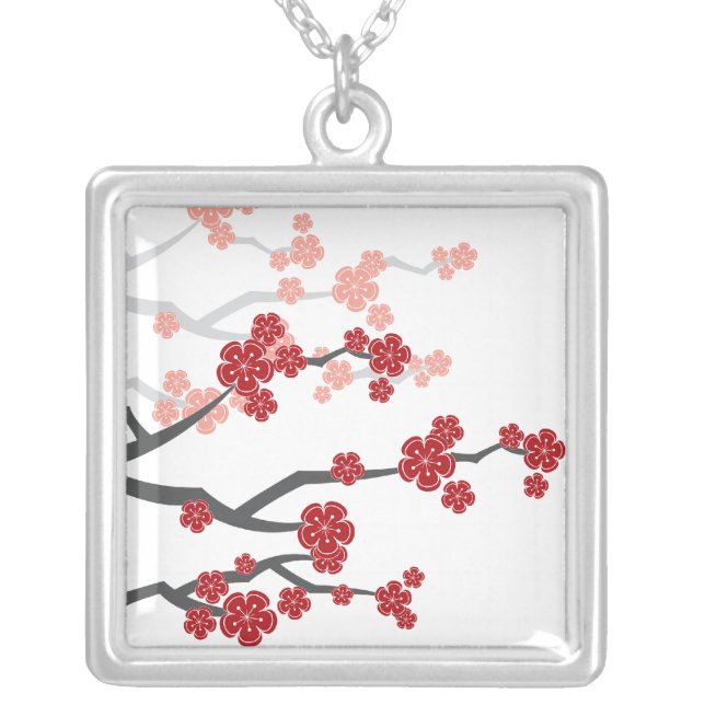 Asian Red Sakura Oriental Cherry Blossoms Necklace (Front)