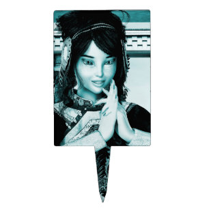 Asian Royal Woman Blue Portrait Art Cake Topper