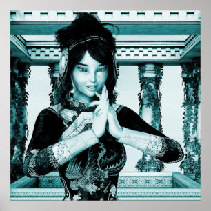 Asian Royal Woman Blue Portrait Art Poster