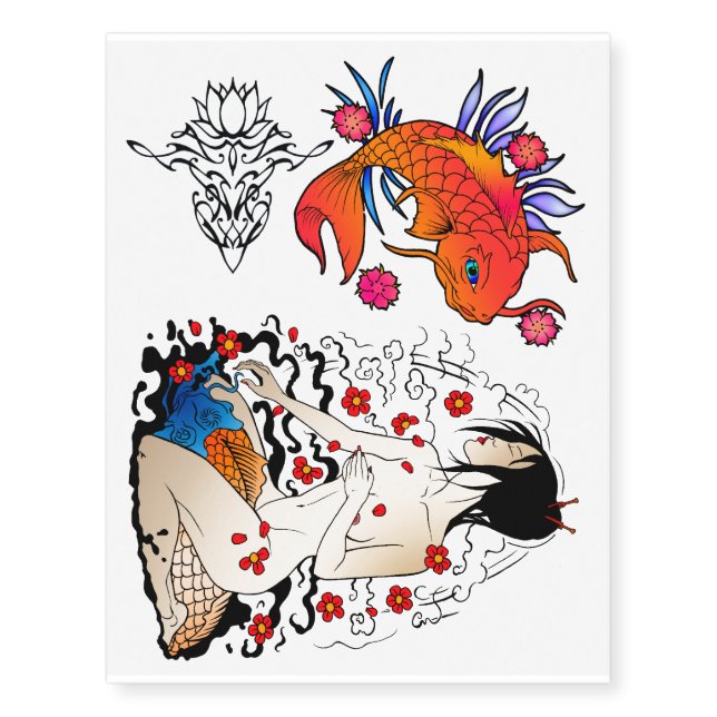 asian sampler with geisha lotus and koi temporary tattoos (Front)
