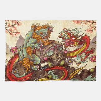 Asian scene with foo dog and dragon kitchen towel