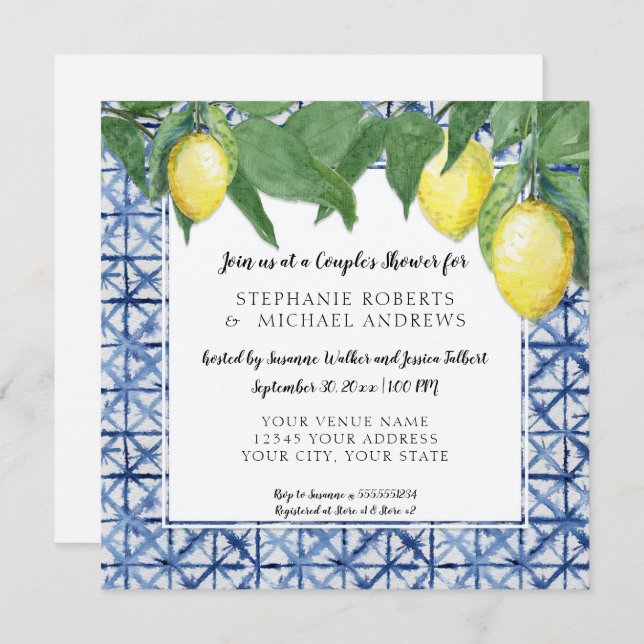 Asian Shibori Blue w Lemon Branch Couples Shower Invitation (Front/Back)