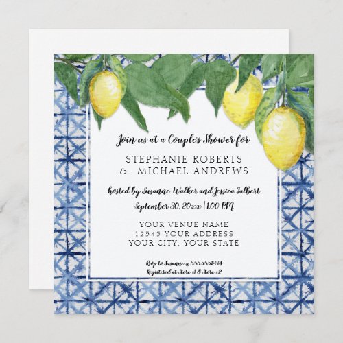 Asian Shibori Blue w Lemon Branch Couples Shower Invitation
