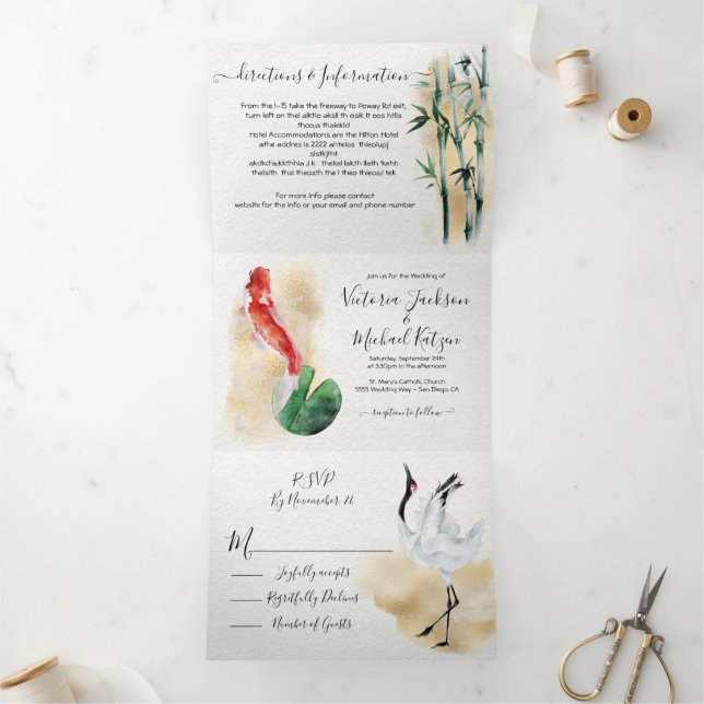 Asian Soft Gold Wedding Tri-Fold Invitation (Inside)