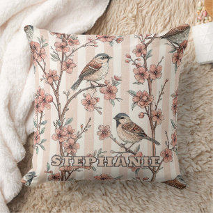 Asian Sparrow Cherry Blossom Peach Stripes Throw Pillow