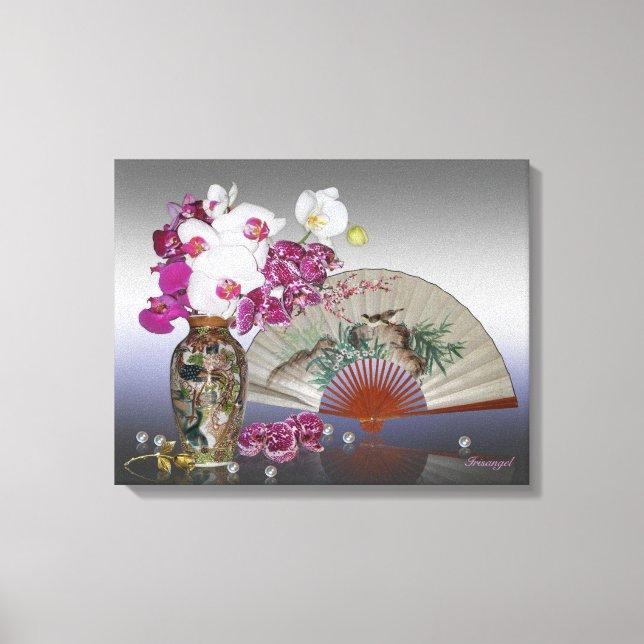Asian Still life orchids, fan and pearls Canvas Print (Front)