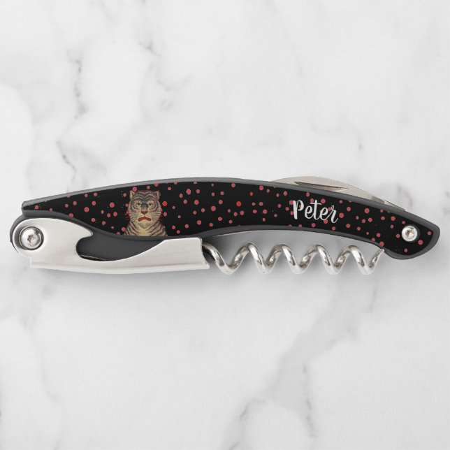 Asian Striped Tiger Fierce Face Red Dots Black Waiter's Corkscrew (Front)