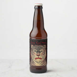 Asian Striped Tiger Fierce Looking Face Red Dots Beer Bottle Label