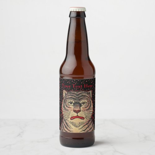 Asian Striped Tiger Fierce Looking Face Red Dots Beer Bottle Label