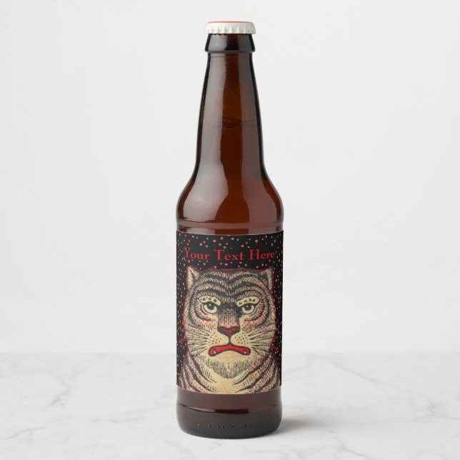 Asian Striped Tiger Fierce Looking Face Red Dots Beer Bottle Label (Front)