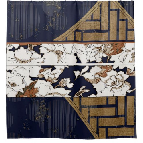 Asian Style Floral Obi Print Navy Gold White Shower Curtain