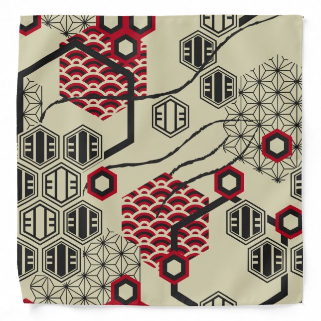 Asian style hexagon red and black pattern bandana (Front)