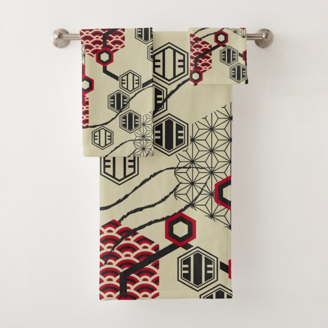 Asian style hexagon red and black pattern bath towel set (Insitu)
