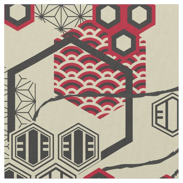 Asian style hexagon red and black pattern fabric (Close Up)