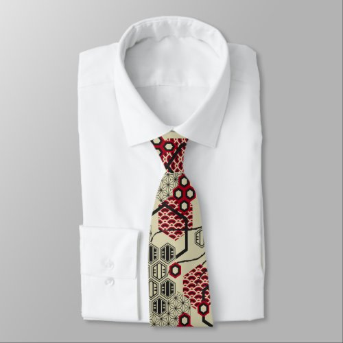 Asian style hexagon red and black pattern neck tie