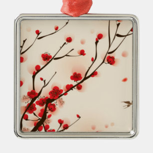 Asian Style Painting, Plum Blossom in Spring Metal Ornament