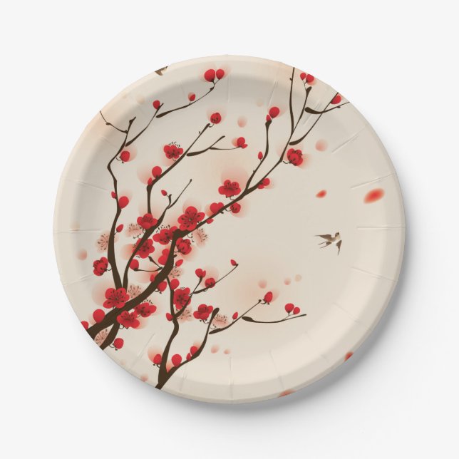 Asian Style Painting Plum Blossom in Spring Paper Plates (Front)
