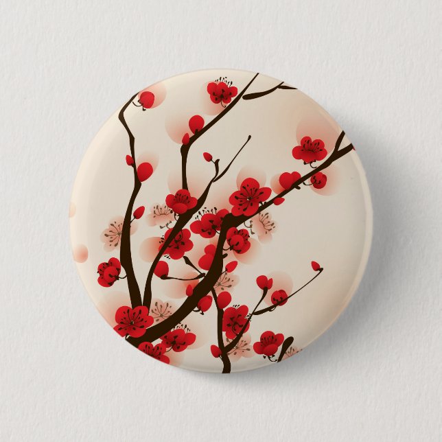 Asian Style Painting, Plum Blossom in Spring Pinback Button (Front)