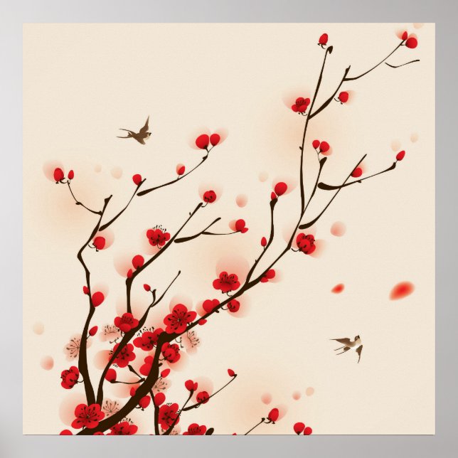 Asian Style Painting Plum Blossom in Spring Poster (Front)