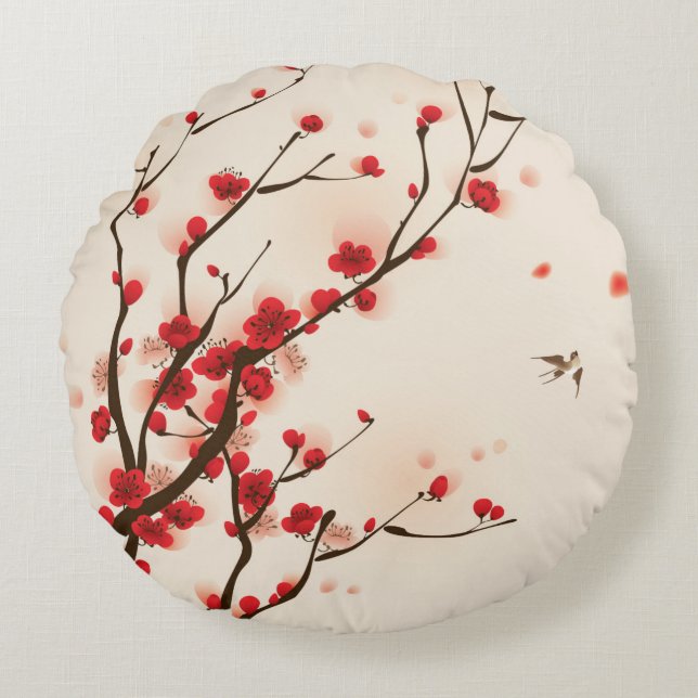 Asian Style Painting, Plum Blossom in Spring Round Pillow (Front)