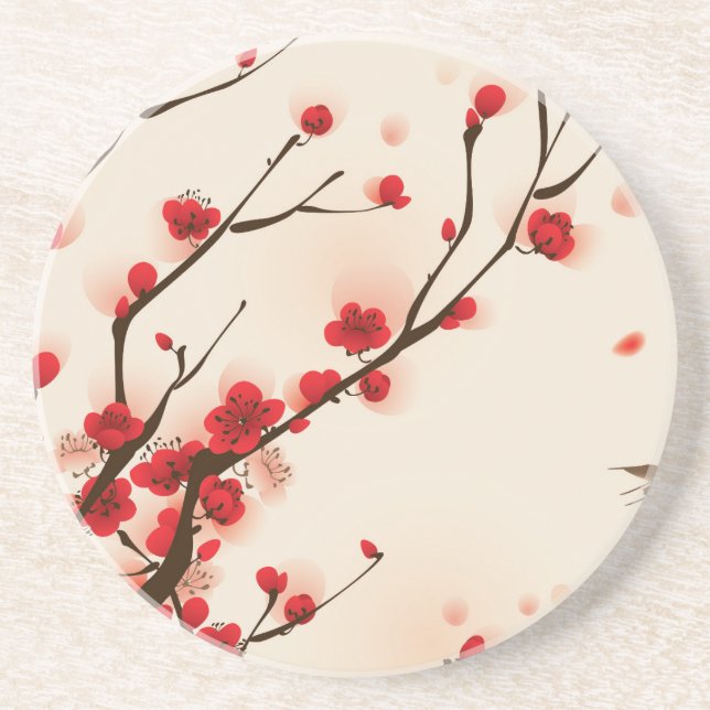 Asian Style Painting, Plum Blossom in Spring Sandstone Coaster (Front)