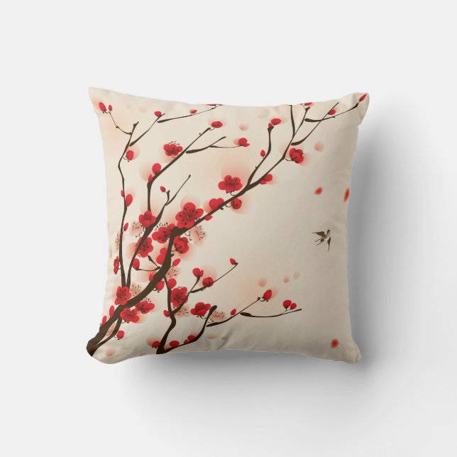 Asian Style Painting, Plum Blossom in Spring Throw Pillow (Front)