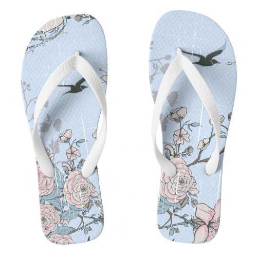 Asian Style Pastel Pink Lilies and Roses on Blue Flip Flops