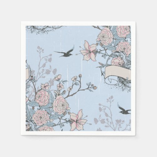 Asian Style Pastel Pink Lilies and Roses on Blue Paper Napkins