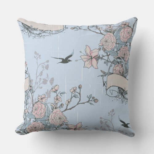Asian Style Pastel Pink Lilies and Roses on Blue Throw Pillow