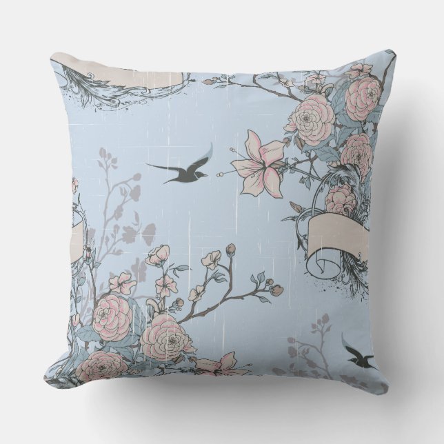 Asian Style Pastel Pink Lilies and Roses on Blue Throw Pillow (Front)