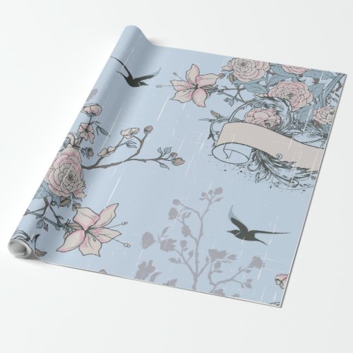 Asian Style Pastel Pink Lilies and Roses on Blue Wrapping Paper
