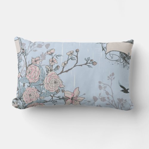 Asian Style Pink Lilies and Roses on Blue Lumbar Pillow